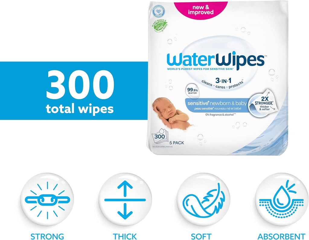WaterWipes Sensitive+ Newborn & Baby Wipes, 3-In-1 Cleans, Cares, Protects, 99.9% Water, Unscented & Hypoallergenic, 300 Count (5 Packs)