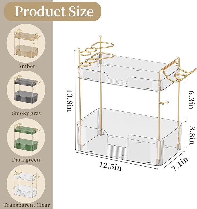 2-Tier Bathroom Counter Organizer with Hair Dryer Holder, Modern Style, Cosmetics & Skincare Shelf Organizer