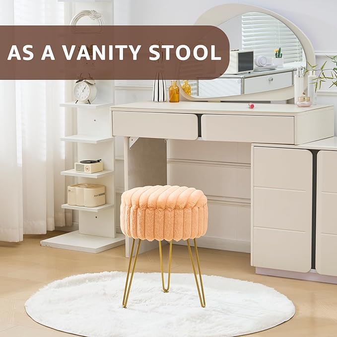 Wimarsbon Vanity Stool with Storage, Faux Fur Ottoman Chair with Metal Legs, Round Makeup Vanity Chair for Bedroom or Dressing Table, Modern Small Ottoman Seat (Orange)