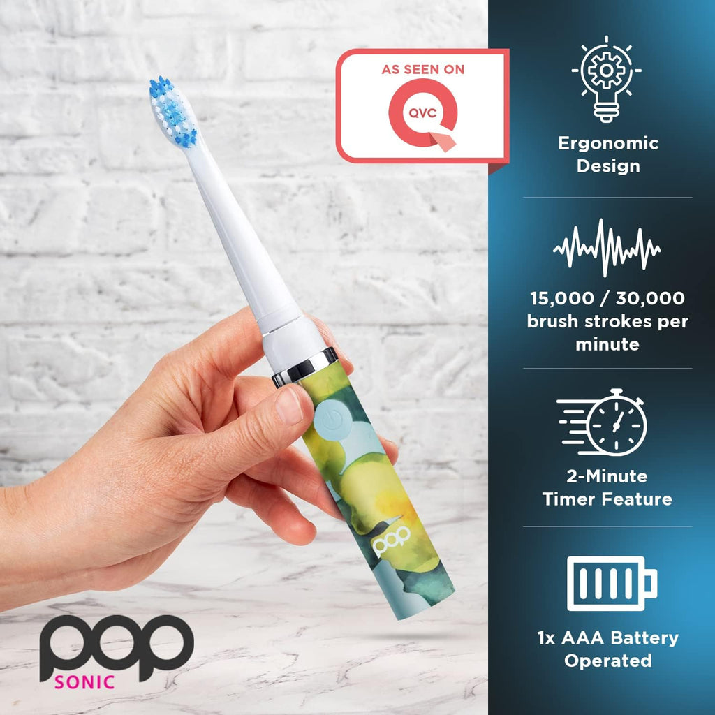Pop Sonic Electric Toothbrush (Blue Watercolor) - Travel Toothbrushes w/AAA Battery | Kids Electric Toothbrushes with 2 Speed & 15,000-30,000 Strokes/Minute, Dupont Nylon Bristles