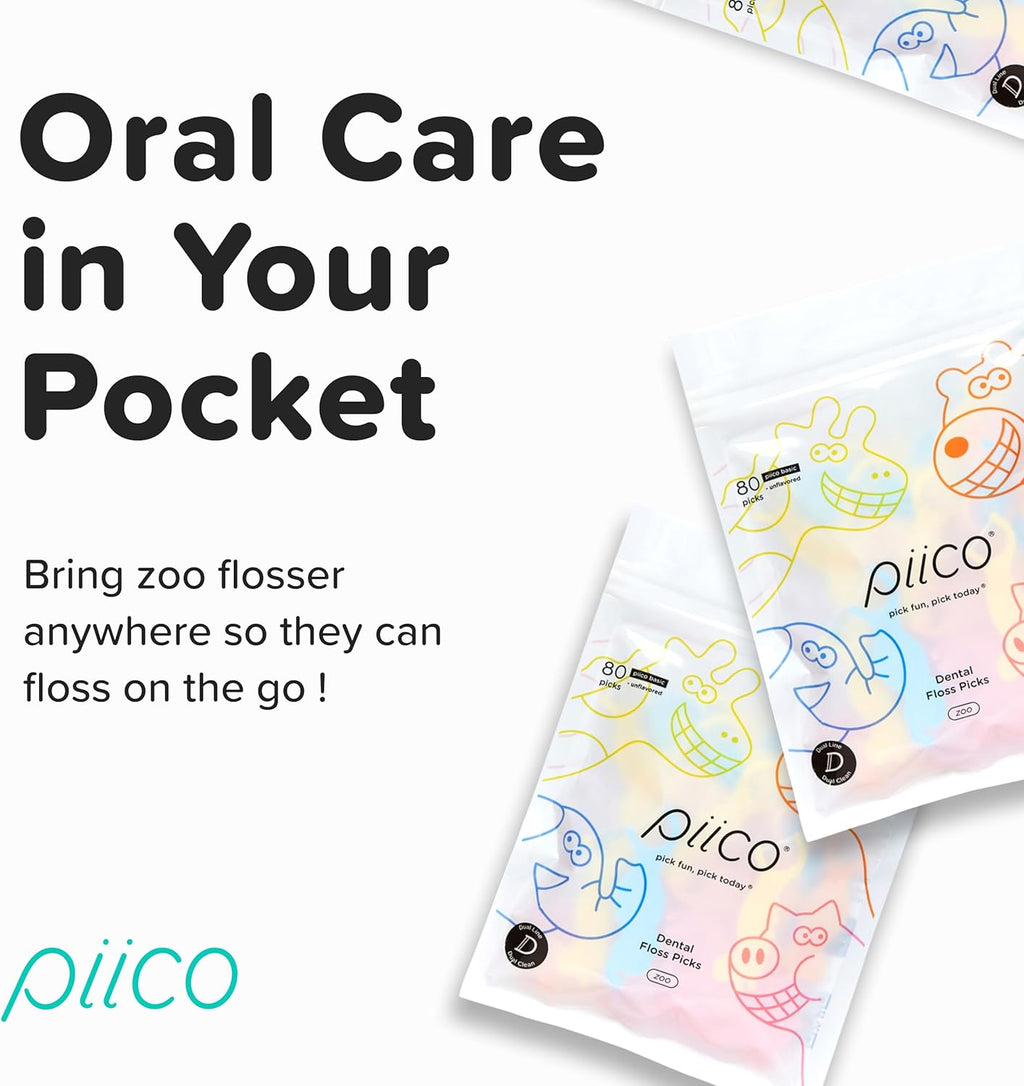 Piico Unflavored Kids Floss - No Fluoride Dual Line Dental Floss Picks - Fun Oral Care in Colorful Floss Sticks Design - Kids Flossers Prevent Tooth Decay & Gum Disease - 240 Count Zoo & Travel Case