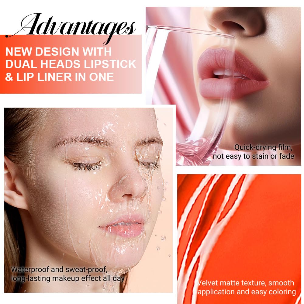 1Pcs 2 in 1 Orange Red Matte Lip Liner and Liquid Lipstick Stain Makeup Set for women, Orange Red Long Lasting Smudge Proof Lip Tint Matte Finish Lip Gloss for All-Day Color Hold Easy to Use 54#
