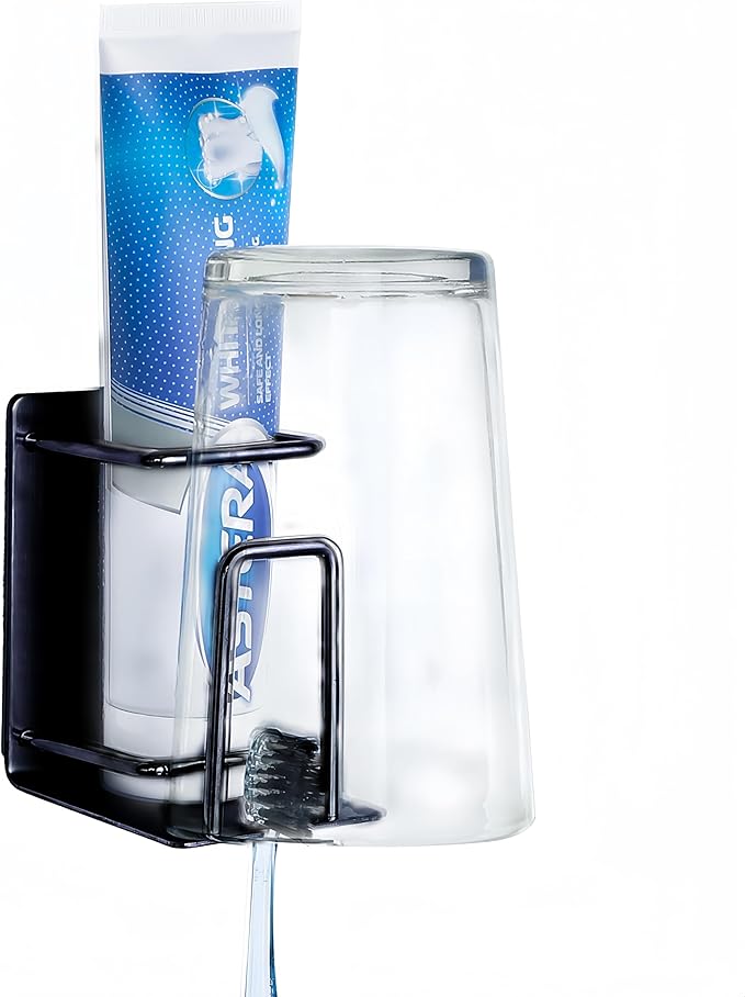 Stainless Steel Adhesive Wall Mounted Toothbrush Holder, 3 in 1 Organizer for Toothbrush, Toothpaste, and Cup (Black (1 Pack))