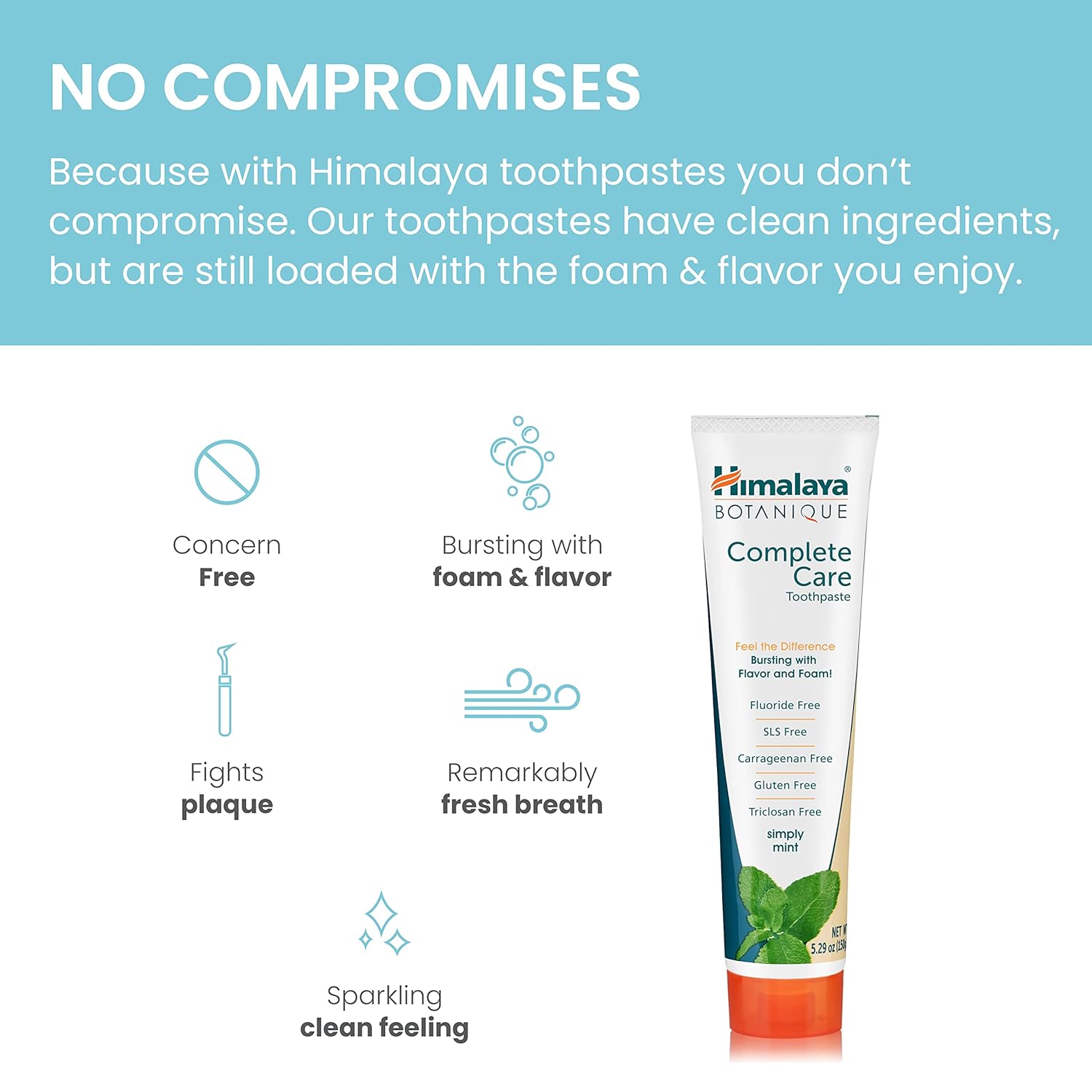 Himalaya Botanique Complete Care Toothpaste, Herbal, Mint Flavor, Fights Plaque, Freshens Breath, Fluoride Free, No Artificial Flavors, SLS Free, Cruelty Free, Foaming, 5.29 Oz, 4 Pack