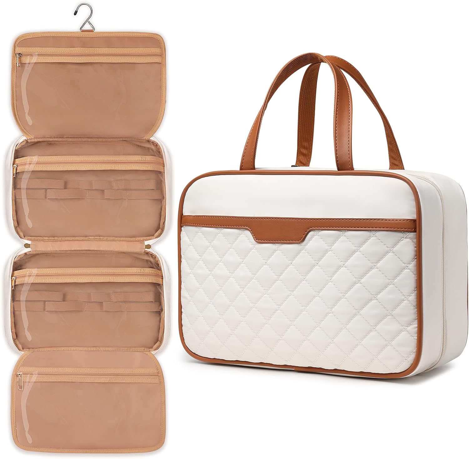 Travel Toiletry Bag for Women Hanging Travel Toiletry Organizer for Full-sized Toiletries Portable Water-resistant Travel Bag with Hanging Hook and 4 Compartments for Travel Essentials and Cosmetics