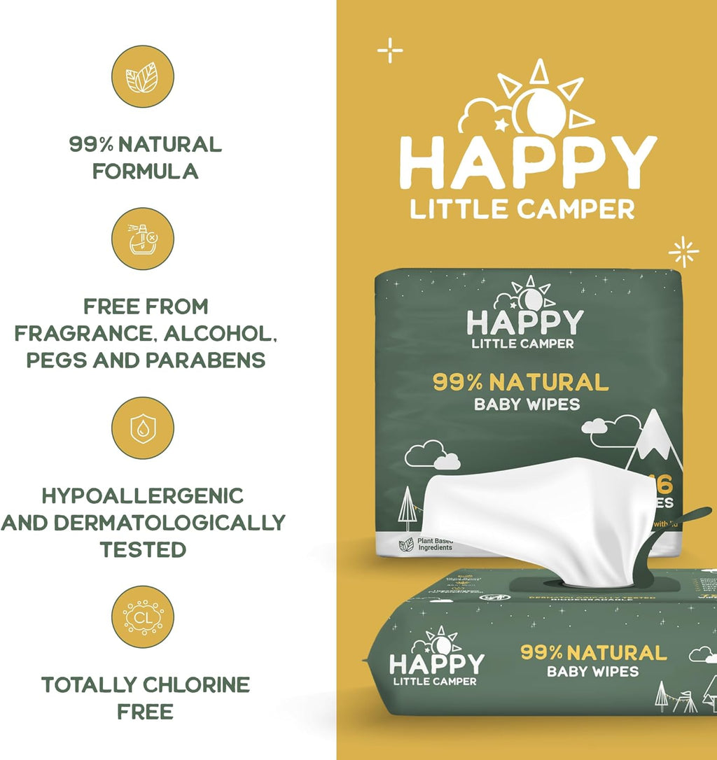 Happy Little Camper Natural Flushable Wipes - Hypoallergenic & Chlorine-Free Wet Wipes with Aloe Vera, Chamomile and Pomegranate Extract - Unscented Baby Wipes Safe for Sensitive Skin - 50 Count