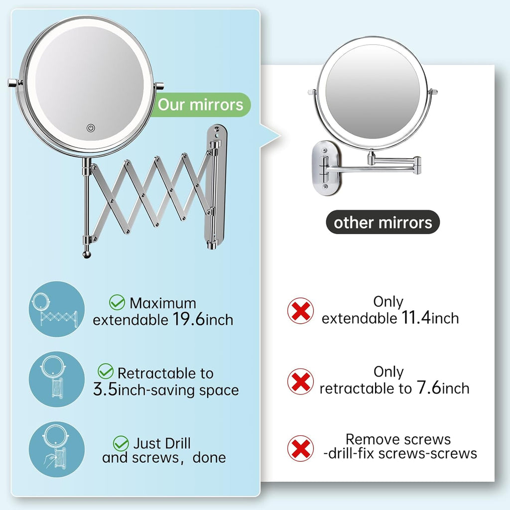 Rechargeable Wall Mounted Makeup Mirror - 8 Inch Double Sided 1X/30X Magnifying Mirror with 3 Color Lights Dimmable Touch Screen, 360°Swivel 19.6 Inch Extendable Accordion Bathroom Mirror - Chrome