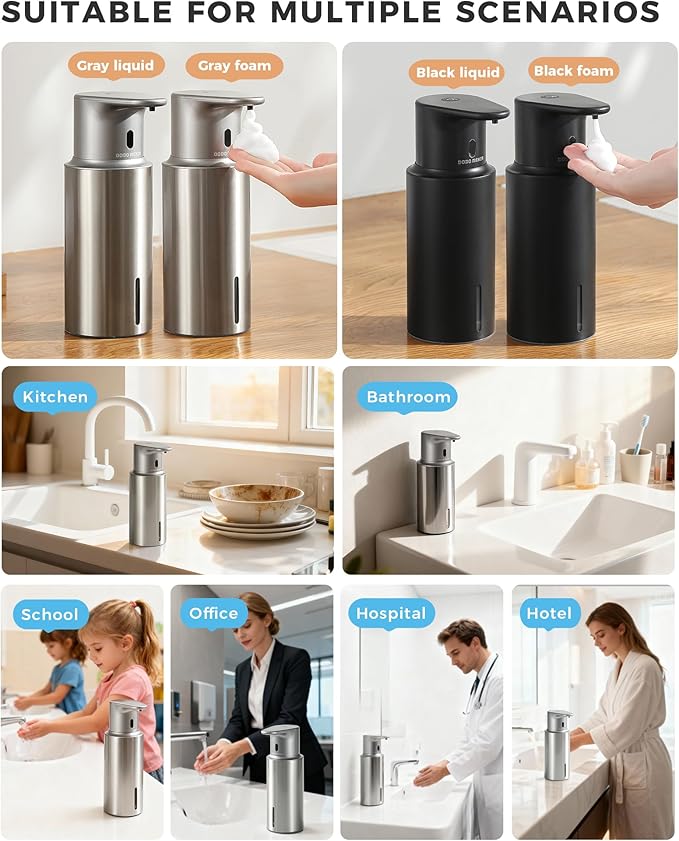 Automatic Foaming Soap Dispenser Touchless, 16.2oz/480ml Rechargeable, 3 Adjustable Liquid Levels, IPX7 Waterproof, for Kitchen Bathroom, Stainless Steel