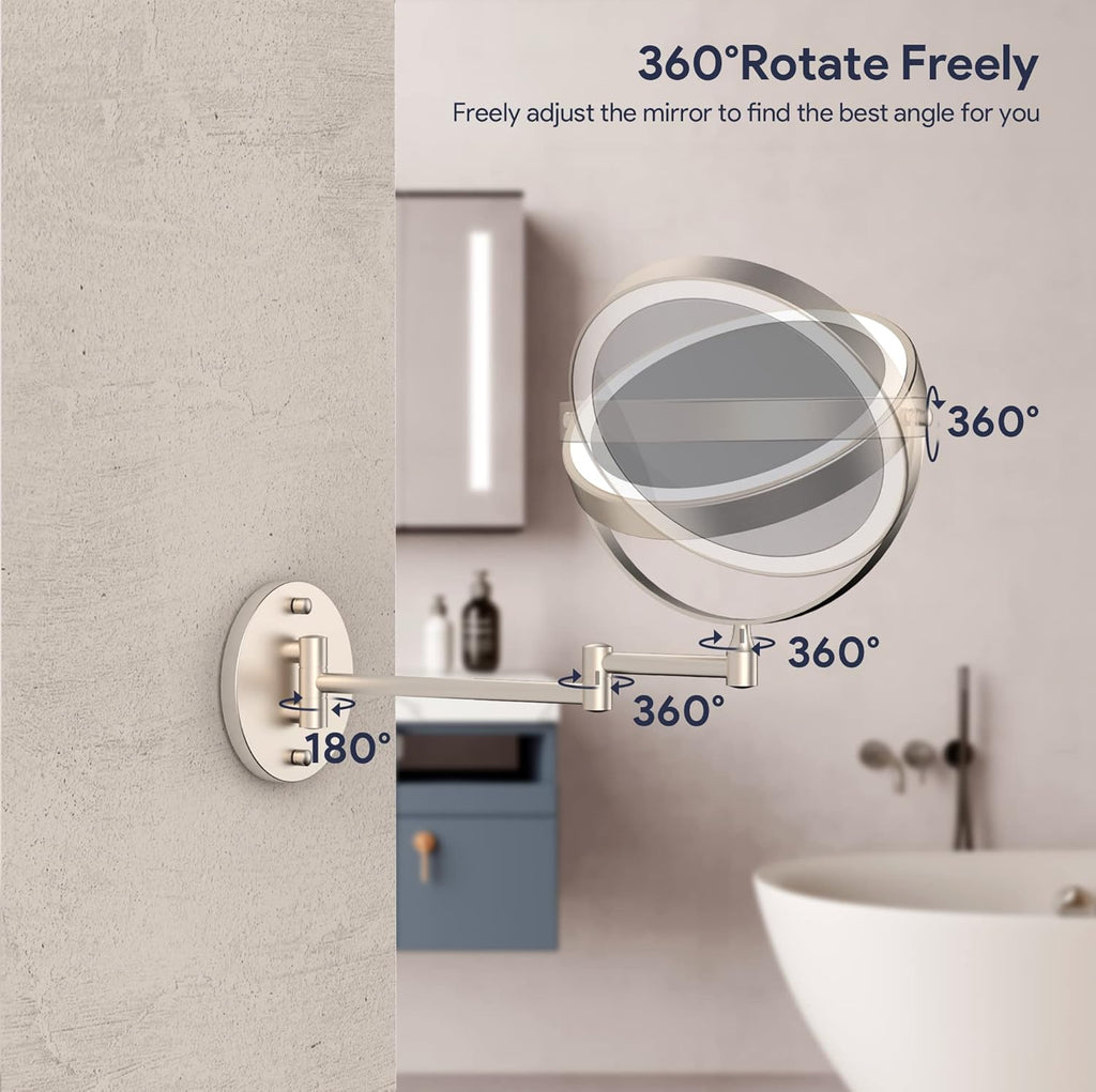 Rocollos 9" Wall Mounted Lighted Makeup Mirror, Large Double Sided 1X/10X Magnifying Mirror, 3 Color LED Vanity Mirror, Touch Dimmable 360° Swivel Light Up for Bathroom