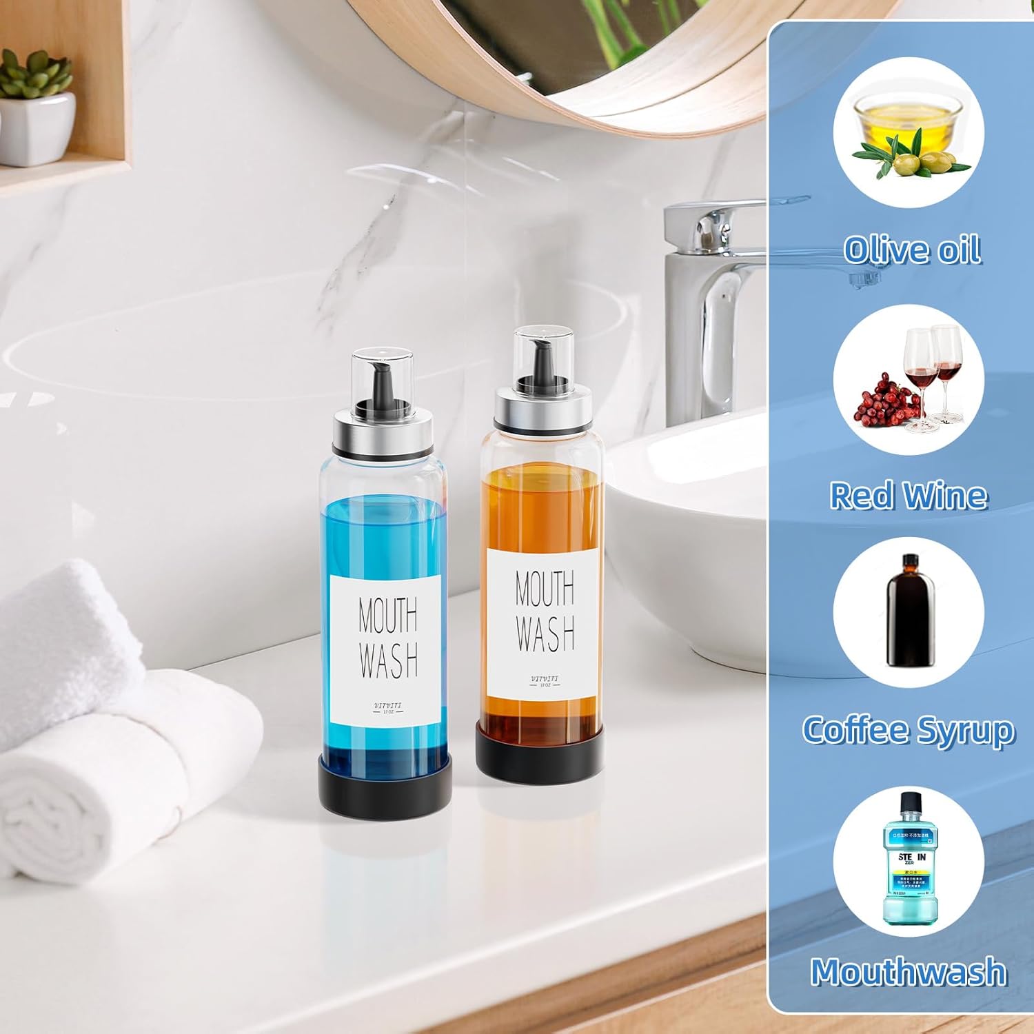 VITVITI Mouthwash Dispenser for Bathroom, Glass Mouth Wash Container with Cup Lid, 17OZ Clear Refillable Mouthwash Bottle Decanter with Silicone Pad/Labels, Set of 2