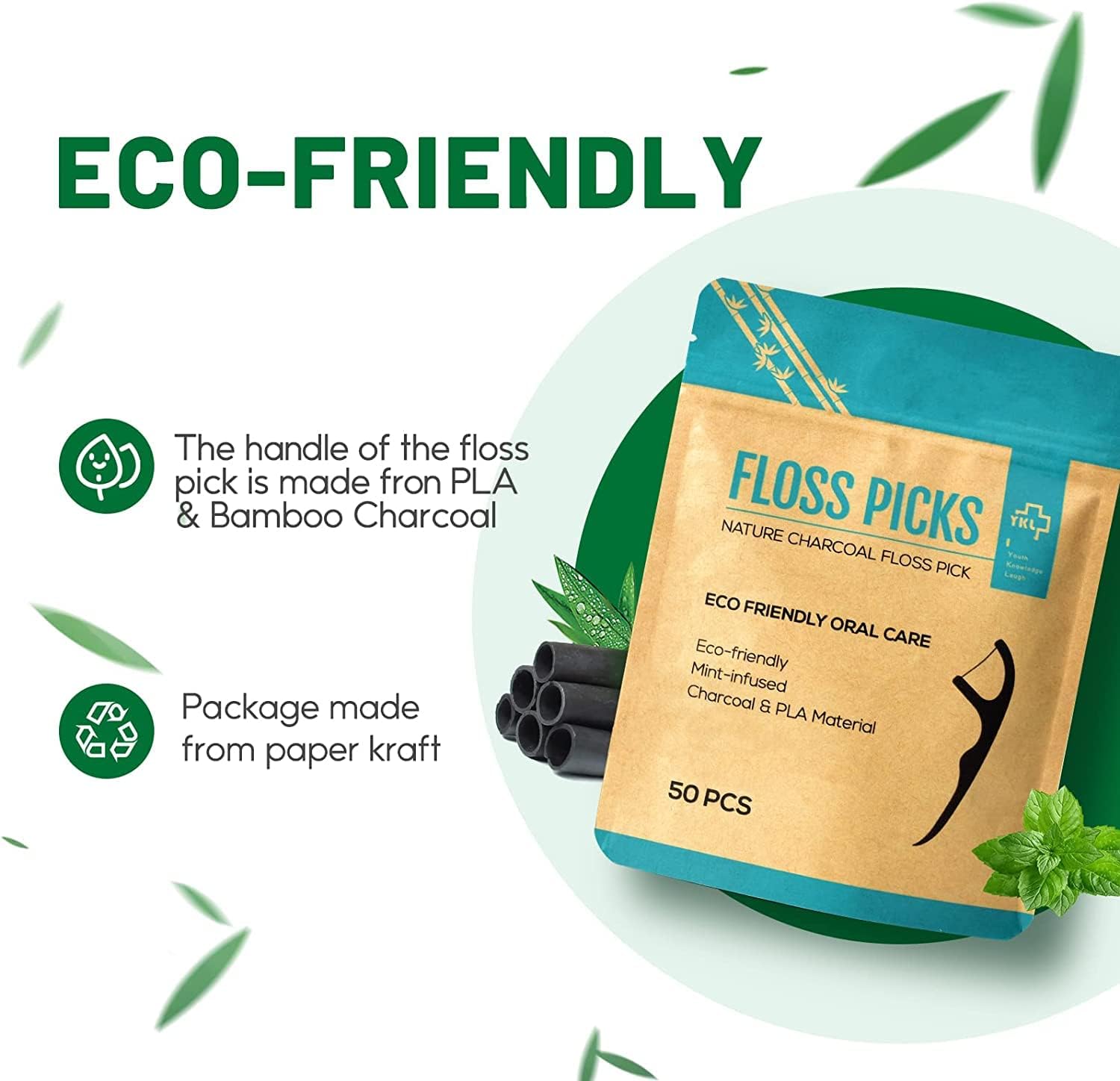 Y-Kelin Natural Dental Floss Picks - Vegan, Eco Friendly Black Bamboo Charcoal Dental Teeth Stick Tooth Pick Toothpick Flosser for Oral Care with a Fresh Feel Minty Flavor (200 Pcs)