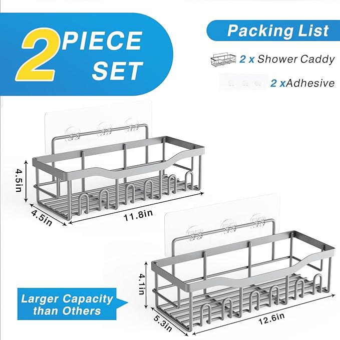 EUDELE Shower Caddy 2 Pack, Adhesive Shower Organizer for Home Decor & Kitchen Storage, No Drilling, Rustproof Stainless Steel Bathroom Shelf Organizer