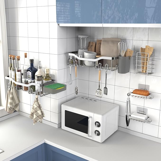 Shower Caddy Adhesive Shower Organizer 7-Pack, Rustproof Stainless Steel Bathroom Shelves, Large Capacity No-Drill Rack Storage Accessories with Soap Dish Toothbrush Holder Hooks (Silver)