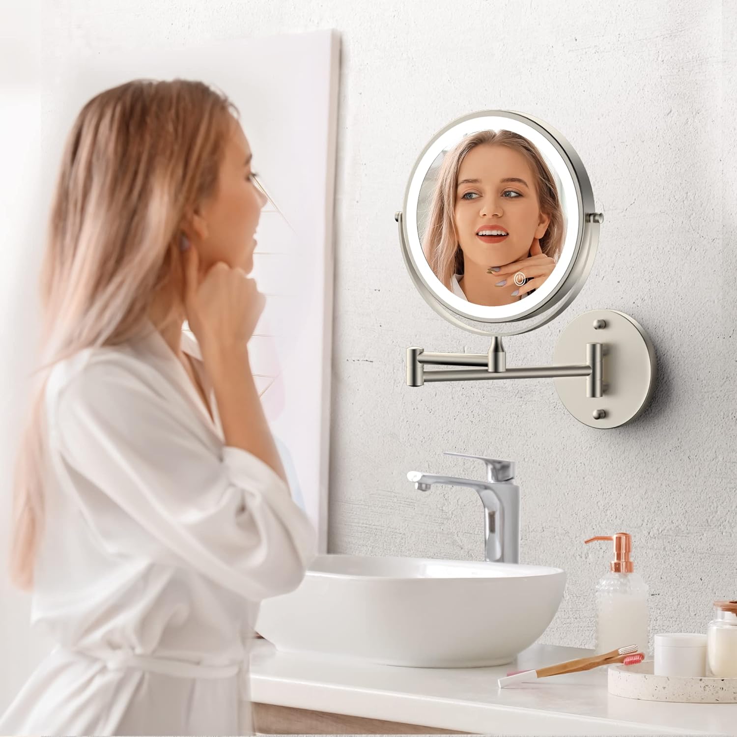 Rocollos Rechargeable Wall Mounted Lighted Makeup Mirror, 8 Inch Double-Sided LED Vanity Mirror 1X/10X Magnification,3 Color Lights Touch Screen Dimmable 360°Swivel 13 Inch Extendable