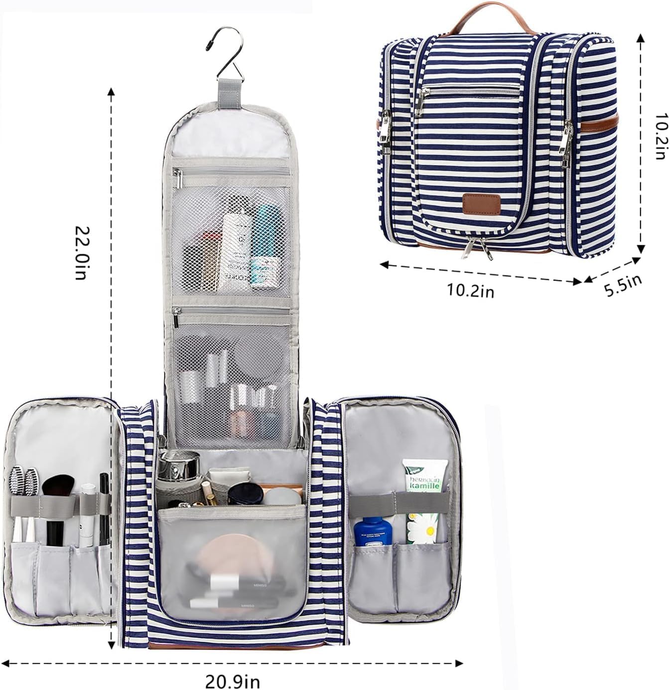 Pearl Angeli Hanging Toiletry Bag for Women, Large Makeup Cosmetic Bag, Water Resistant Toiletries Travel Essentials Organizer, Full-size Container, Navy-striped
