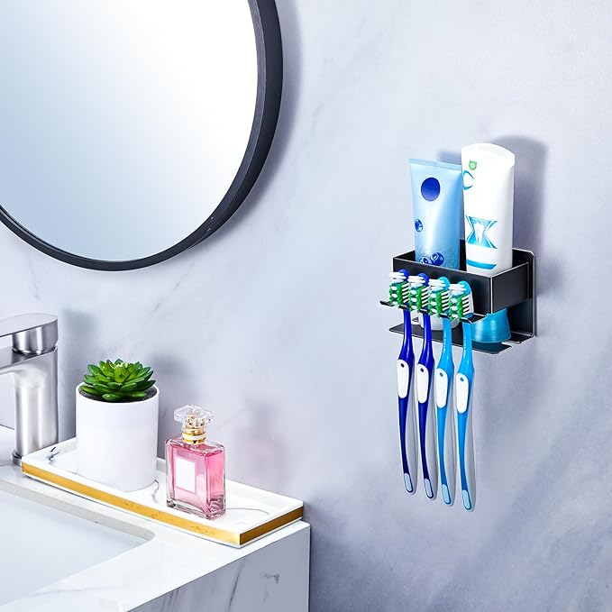 Toothbrush Head Holders, Electric Tooth Brush Head Holder, Adhesive Toothpaste Holder for Shower Bathrooms, Wall Mounted Tooth Brushing Holder Organizer Storage (Black, Small)