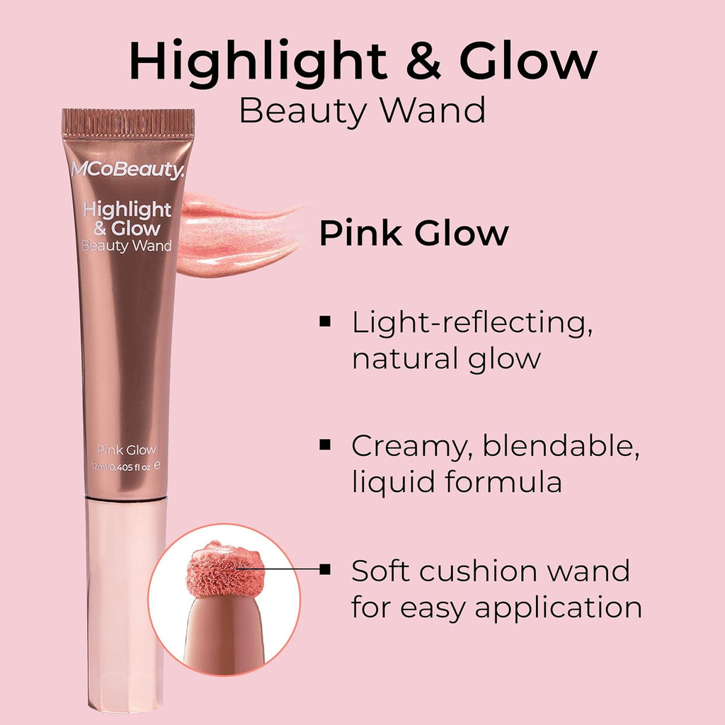 MCoBeauty - Highlight and Glow Beauty Wand - Buildable Liquid Highlighter - Radiant Pink Shade - Soft Pink with Cushion Applicator for Soft, Radiant Finish - Highlighters Makeup