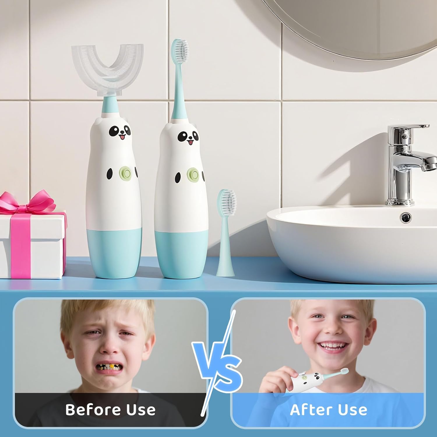 Kids U-Shaped Electric Toothbrush with 2 Brush Heads, Toddlers Sonic with 360 Degree Cleaning, Soft Bristles, Battery Included, IPX7 Waterproof, Cute cartoon for Girls and Boys, Ages 8-13 (Blue)