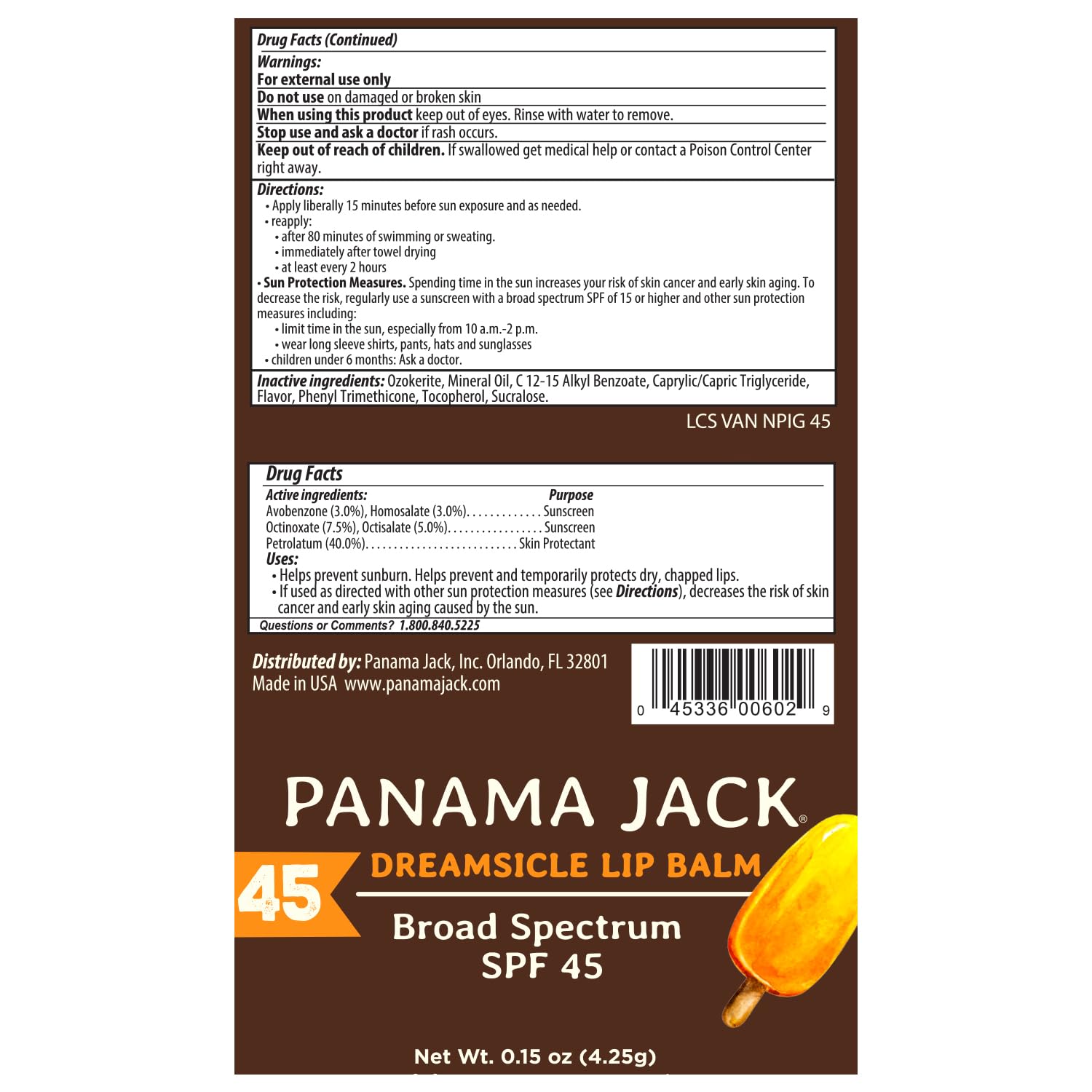 Panama Jack Sunscreen Lip Balm - SPF 45, Broad Spectrum UVA-UVB Sunscreen Protection, Prevents & Soothes Dry, Chapped Lips, Dreamsicle, Pack of 7