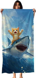 Funny Cat Shark Beach Towel, Coastal Ocean Cats Pool Towels, Cat Shark Lovers Gifts Large Beach Bath Travel Towels for Kids Girls Boys, Funny Cats Sharks Bathroom Accessories Decor, 30x60in