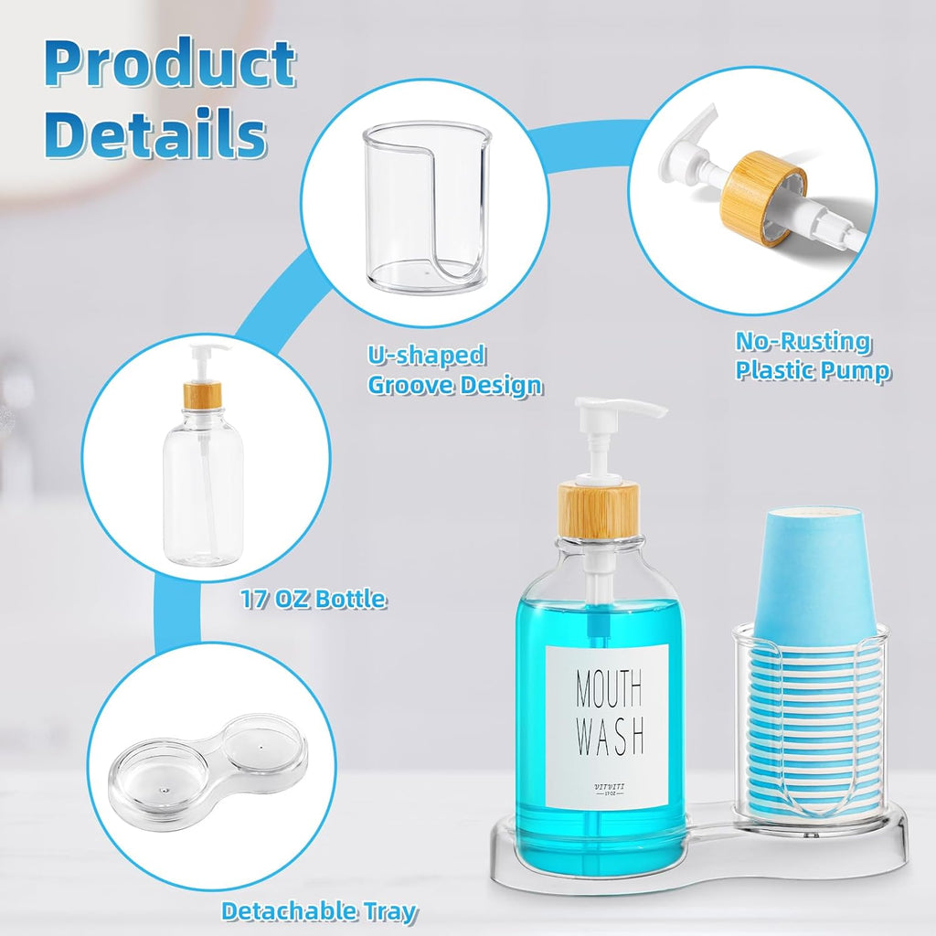 VITVITI Mouthwash Dispenser for Bathroom, Mouth Wash Dispenser Container with Paper Cup Holder, 17OZ Plastic Refillable Pump Mouthwash Bottle Decanter with Tray (Clear)