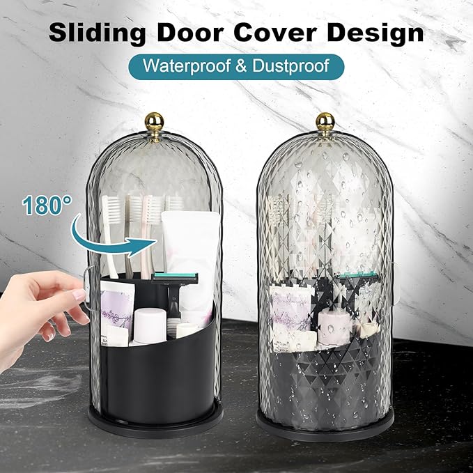 Toothbrush Holders with Sliding Lid, Rotating 3 Slots Bathroom Organizer Countertop, Tooth Brush Toothpaste Holder Bathroom Counter Stand Caddy for Vanity Makeup Brushes Holder (Black)