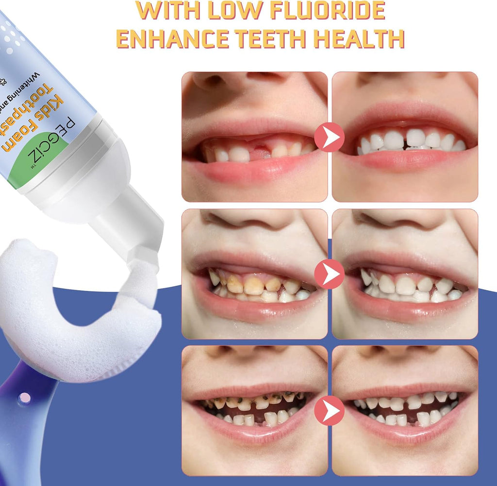 Kids Foam Toothpaste 2 Pack, Foam Toothpaste with Low Fluoride, Toddler Toothpaste for U Shaped Toothbrush Electric Toothbrush, Kids Toothpaste for Ages 3 Plus(Watermelon+Blueberry)