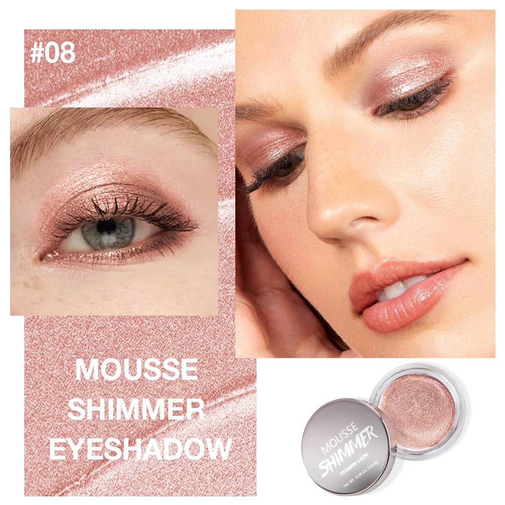 Rose Gold Mousse Single Eyeshadow Palette –Neutral Matte & Shimmer Eyeshadow,Mini Cream Glitter Eye shadow,Long Lasting Highly Pigmented Eye Makeup Compact Travel Siz Eye shadow for Older Women 08#