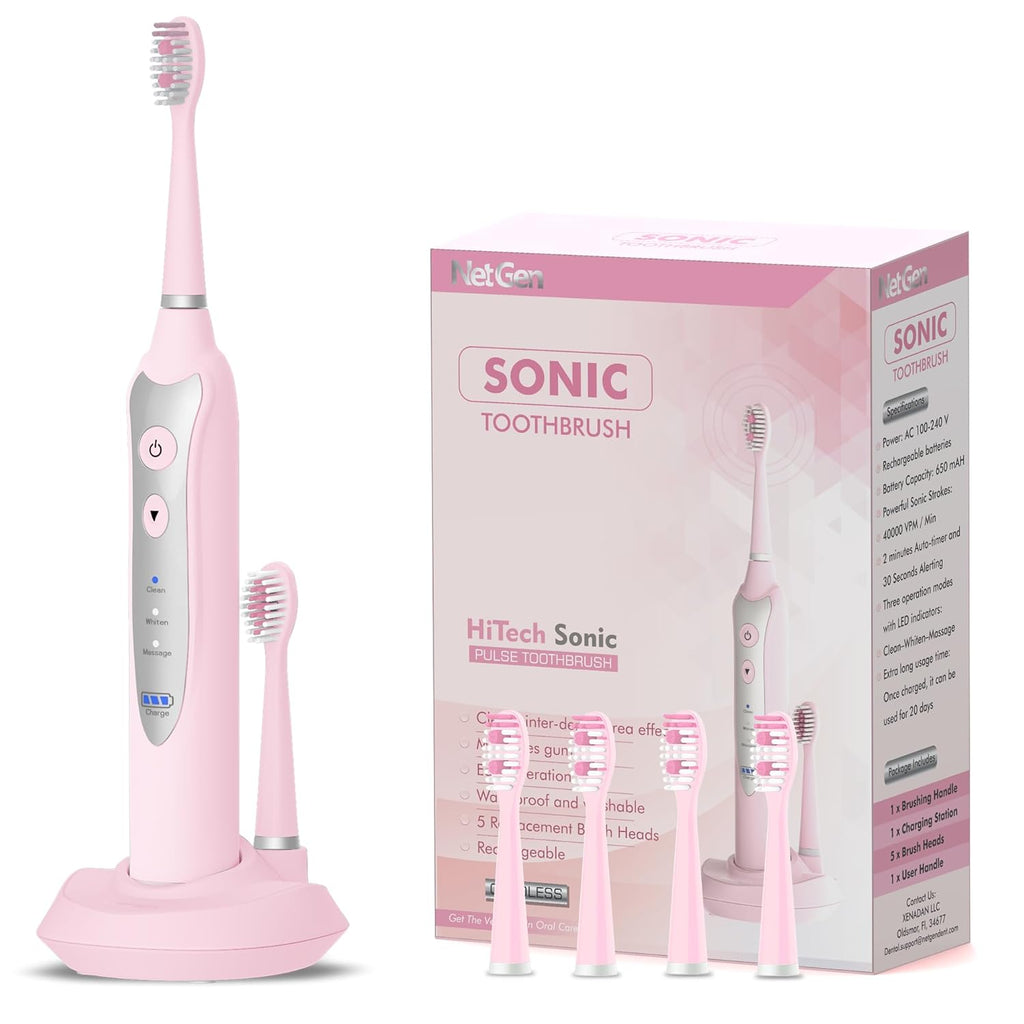 Sonic Electric Toothbrush for Adults with 5 Toothbrush Replacement Heads, 3 Brushing Modes & 2 Minutes Built-in Timer, Travel Toothbrushes with Inductive Charging, Rechargeable toothbrush | Pink