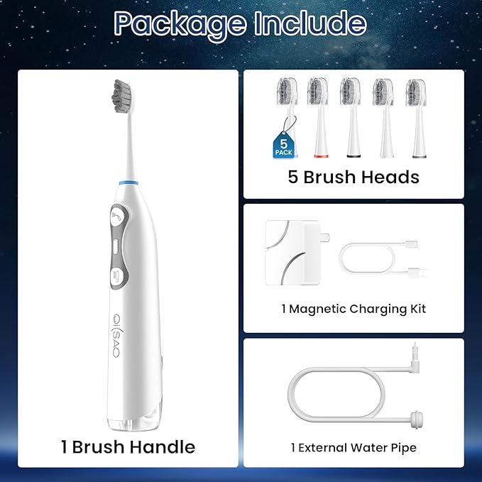 3-in-1 Flossing Toothbrush-Flosses, Vibrates and Oscillates, Electric Toothbrush with Water Flosser Equipe 5 Brush Heads, Plaque Removal for Sensitivity, Braces-White