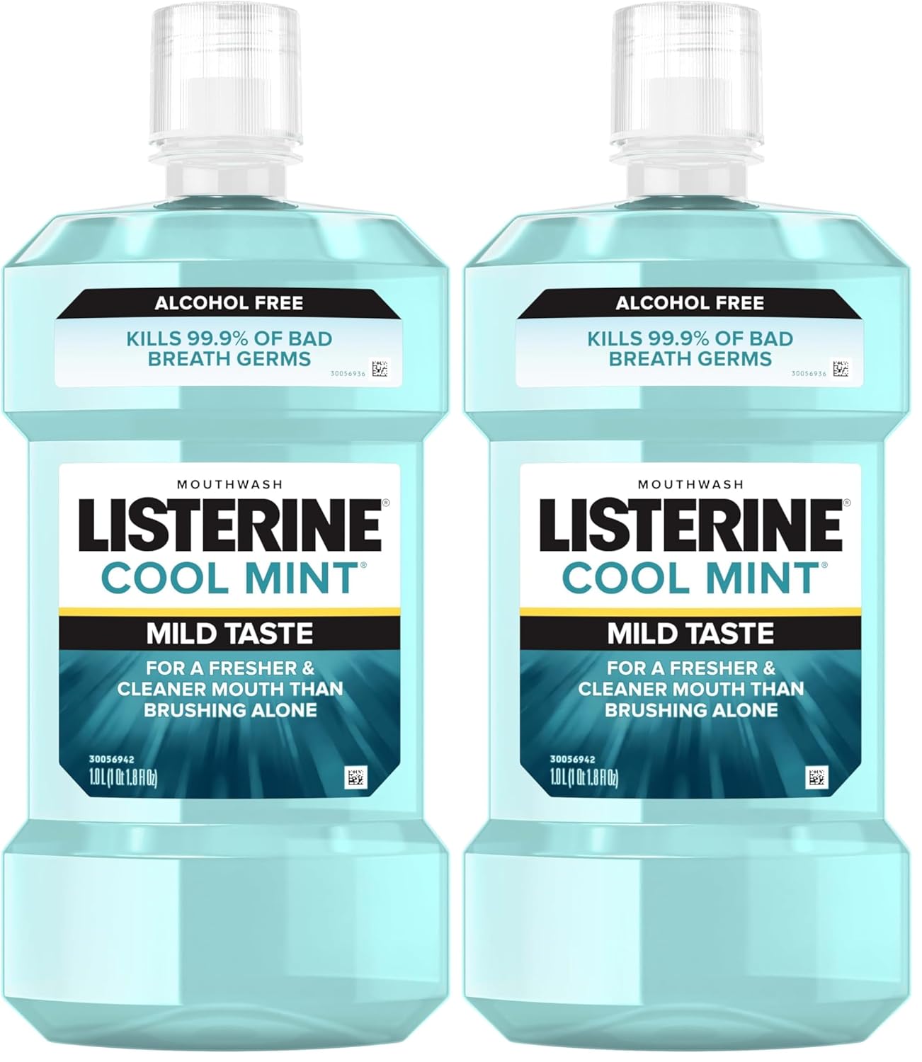 Listerine Alcohol-Free Mouthwash, Non Alcoholic Mint Oral Rinse Kills 99.9% of Germs That Cause Bad Breath for a Fresh Breath & Clean Mouth, Less Intense Taste, Cool Mint Flavor, 1 L (Pack of 2)