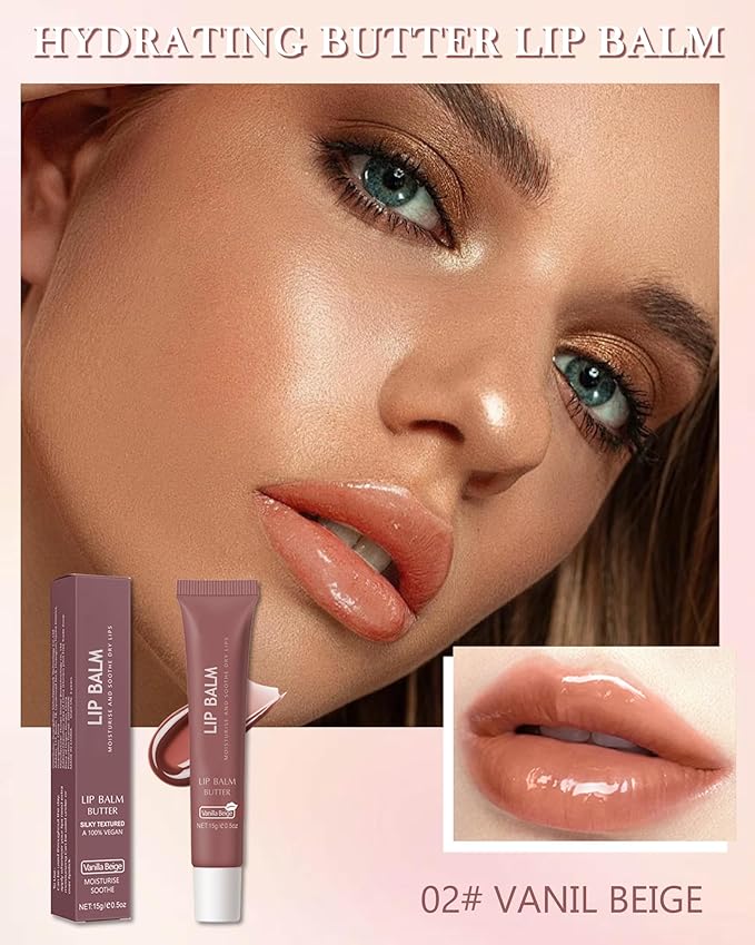Lip Balm Butter Vanilla Beige,Hydrating Tinted Butter Lip Gloss,Sheer Lipgloss Lip Care Moisturizer,Smooth Lip Treatment,Jelly Yummy Glow Reviver Fat Lip Oil,Christmas Makeup Gift for Women-02