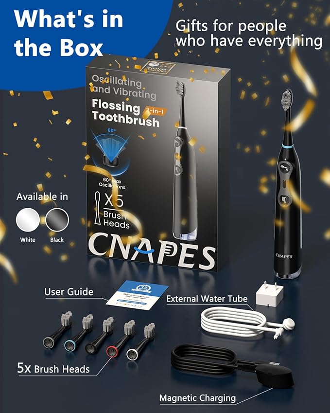 Electric Toothbrush with Water Flosser 3-in-1 Combo, Oscillating & Vibrating Dual Action Flossing Toothbrush, Portable, Clean Plaque& Teeth, 5 Brush Heads, Sonic Electric Toothbrush for Adults