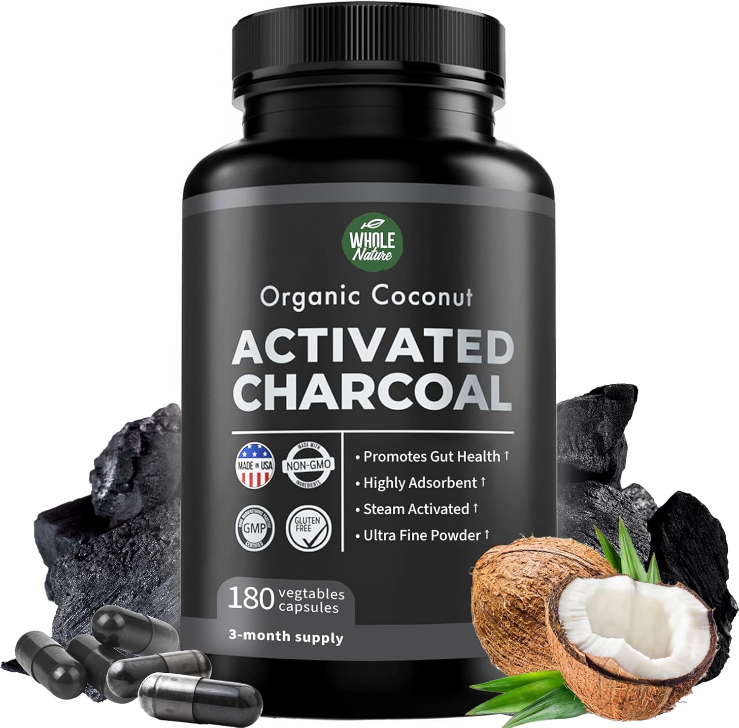 Pure Coconut Activated Charcoal Capsules - 180 Charcoal Pills, Helps with Teeth Whitening, Bloating and Body Cleansing. Non-GMO - Gluten Free, Vegan