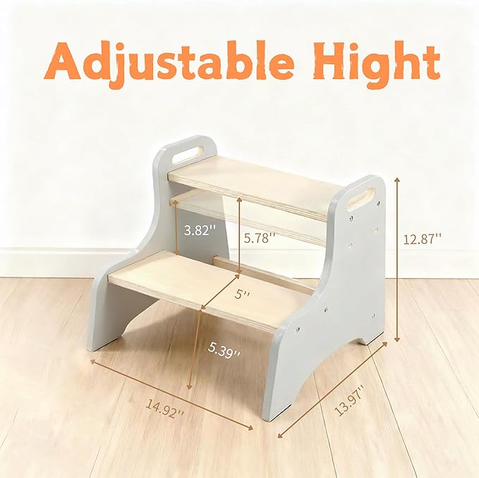 Toddler Step Stool, 2-Step Wooden Step Stool with Adjustable Hight, Sturdy 330lbs Capacity Kid Stool for Toddlers, Easy-Wipe Surface (Natural Grey)