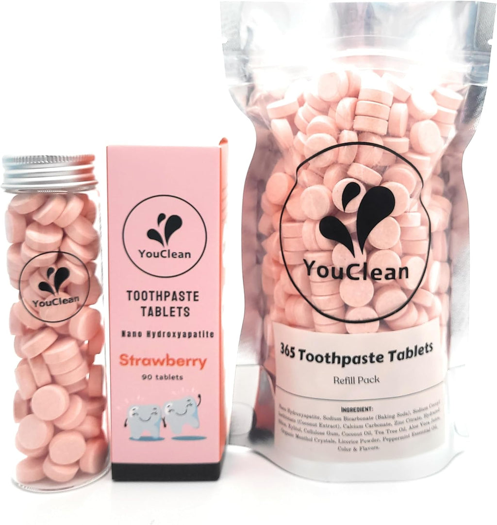 Refill Pack - 365 Toothpaste Tablets - Natural Remineralization & Whitening with Nano Hydroxyapatite - Travel or Daily Use - Fluoride Free (Strawberry365)