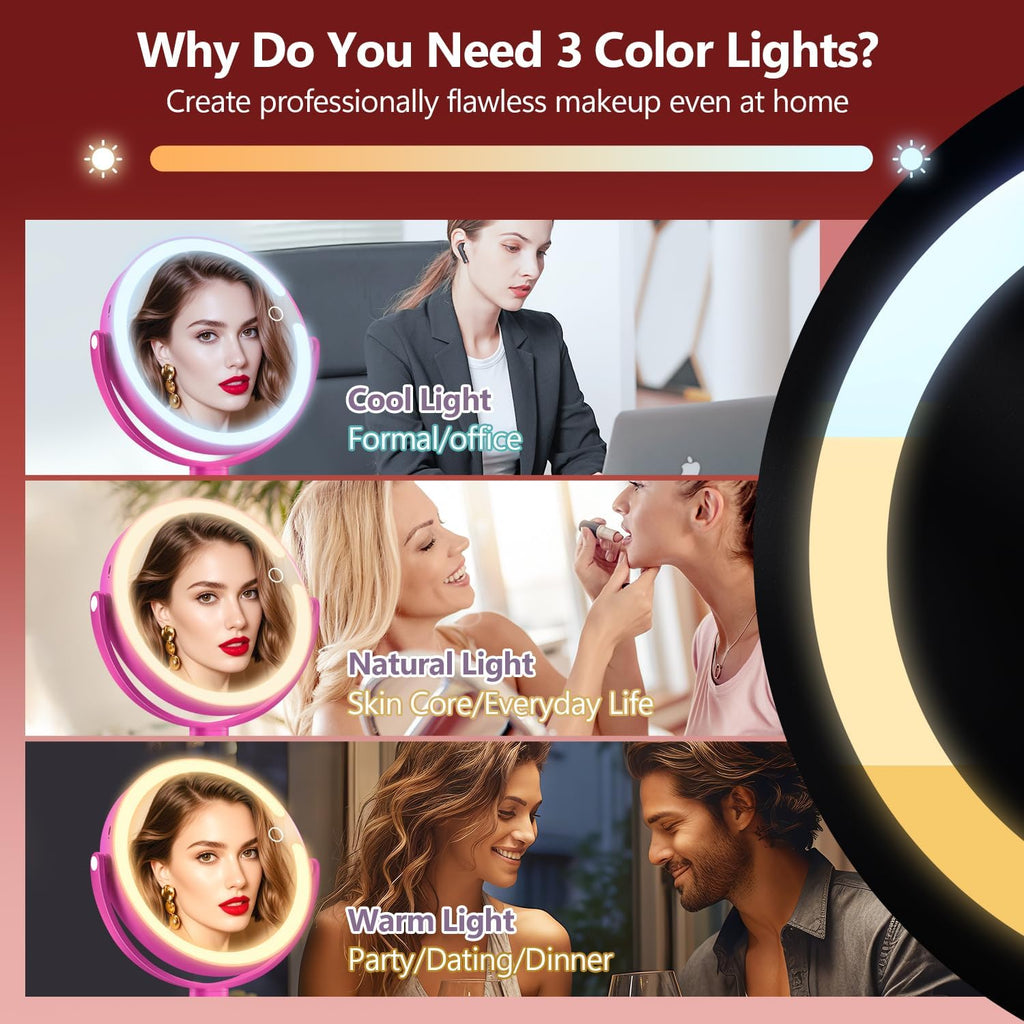 MIYADIVA Makeup Mirror with Lights, 20X Magnifying Mirror with Light and Touch Switch, 2-Sided Vanity Mirror with 3 Color and 80 LEDs, Hot Pink