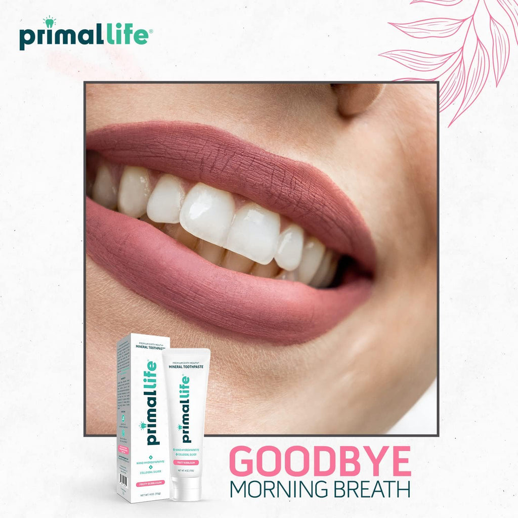Primal Life Organics Premium Dirty Mouth Mineral Toothpaste - Nano-Hydroxyapatite, Colloidal Silver, Charcoal - Organic, All Natural Whitening Formula (Bubblegum Flavor, 4oz)