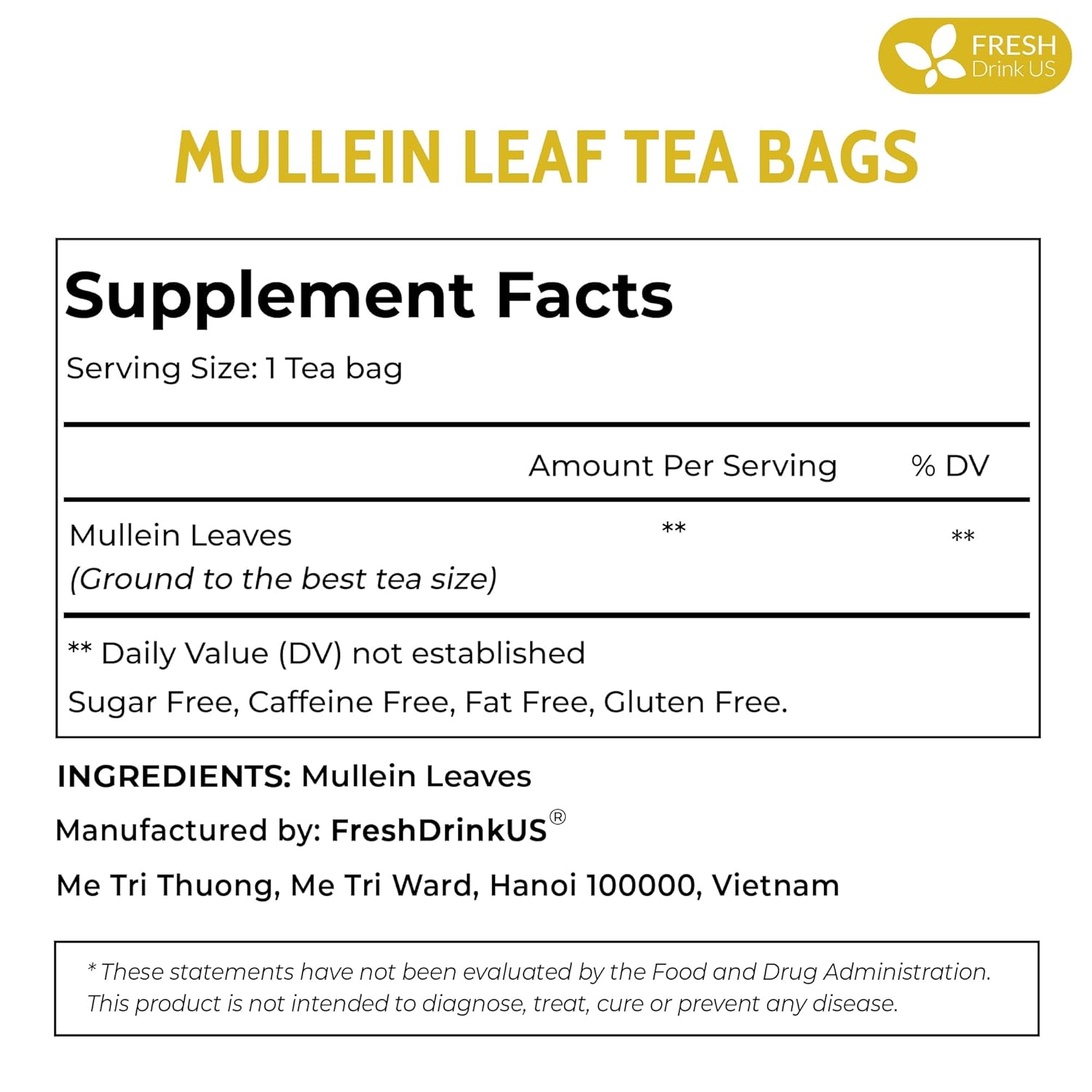 FreshDrinkUS, Premium 25 Mullein Leaf Tea For Lungs, Lung Detox For Smokers, Handmade, 100% Natural & Pure, Mullein Tea, No Sugar, No Caffeine, No Gluten, Vegan