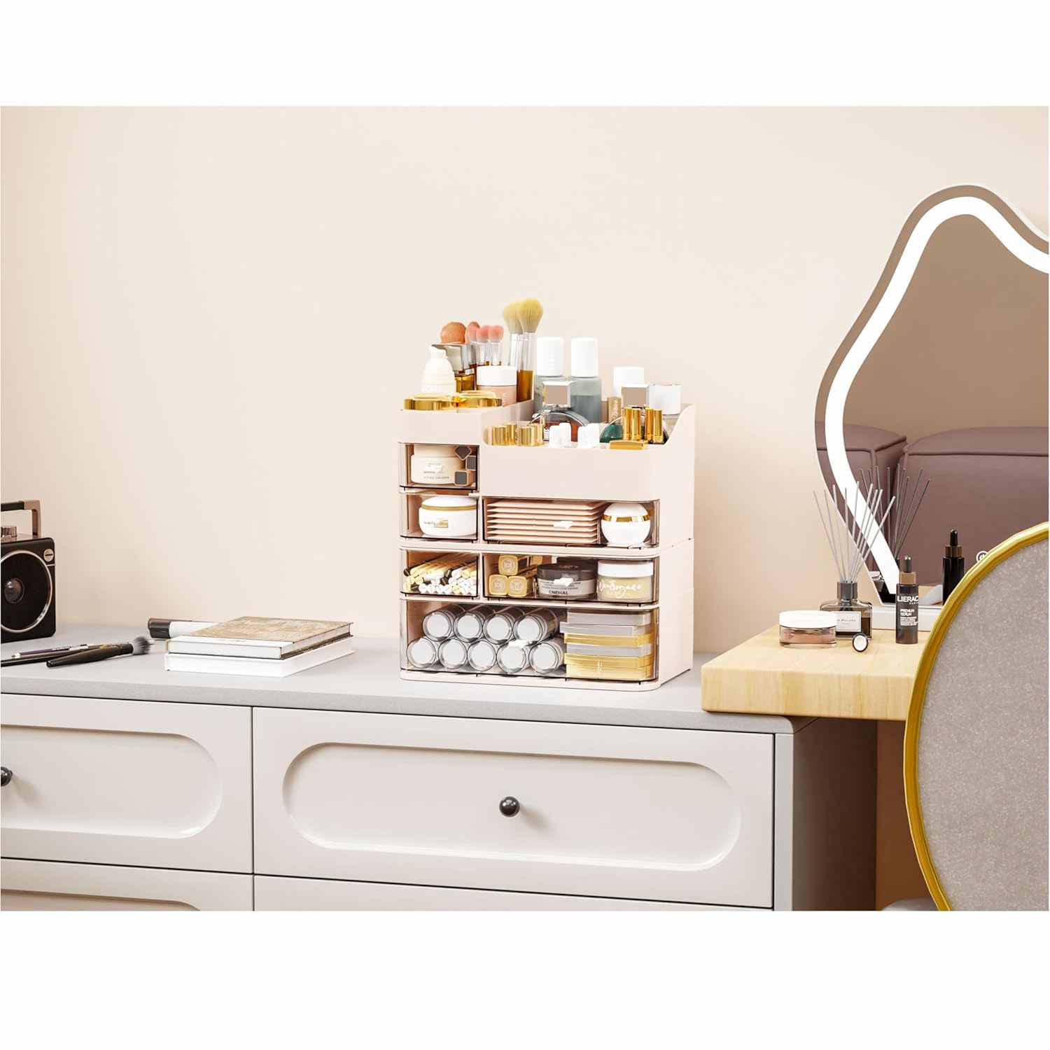 Pink Makeup Countertop Organizer,Large Capacity Make up Organizers for Vanity with 6 Drawer,Plastic Bathroom Skincare Organizers for Eyeshadow,Brush,Palettes,Perfume,Beauty Products,Skin Care Storage