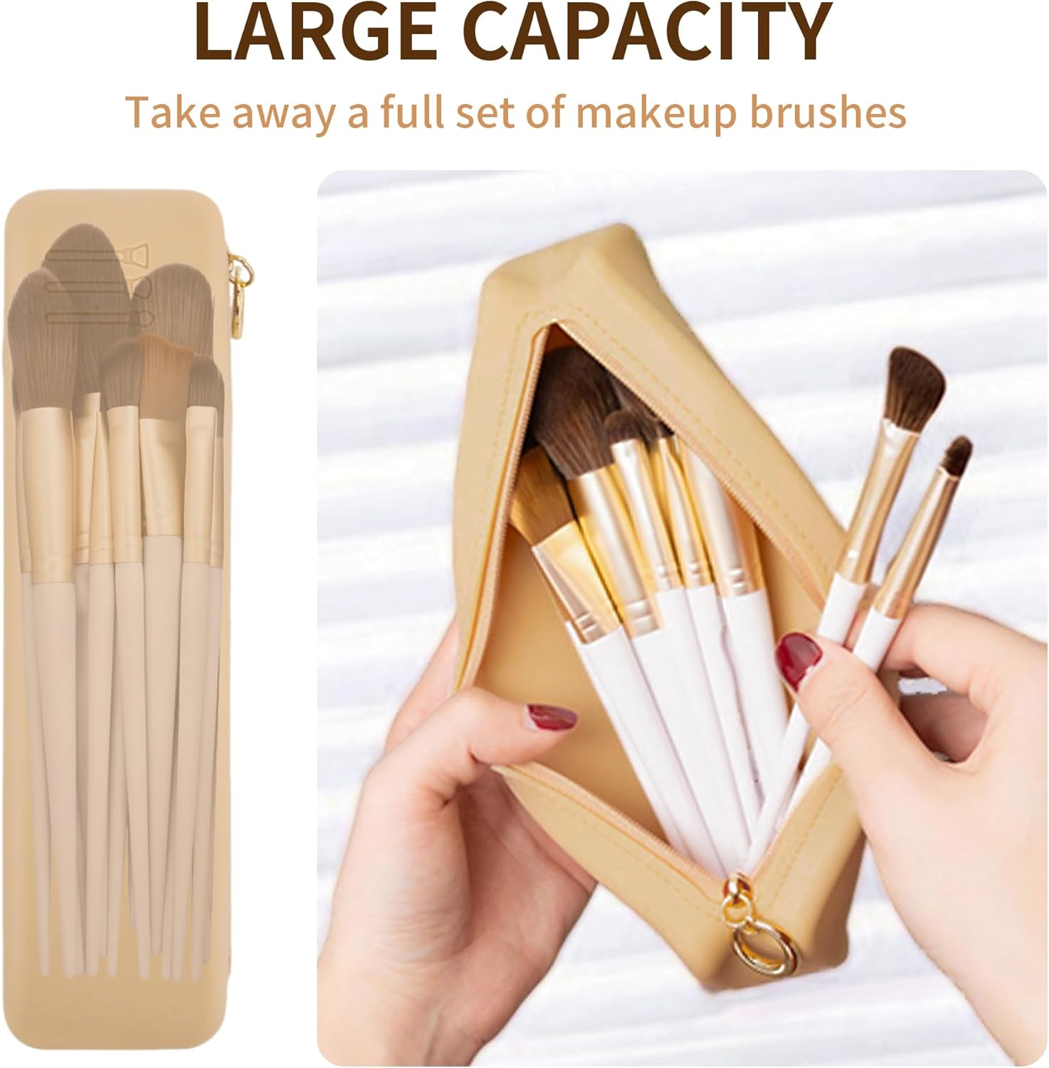 Nuomeisi Silicone Makeup Brush Holder Travel Cosmetic Bag: Soft Portable Cosmetic Face Brushes Organiser with Upgrade Anti-Fall Off Zipper, Large Capacity Travel Makeup Brush Case - Khaki