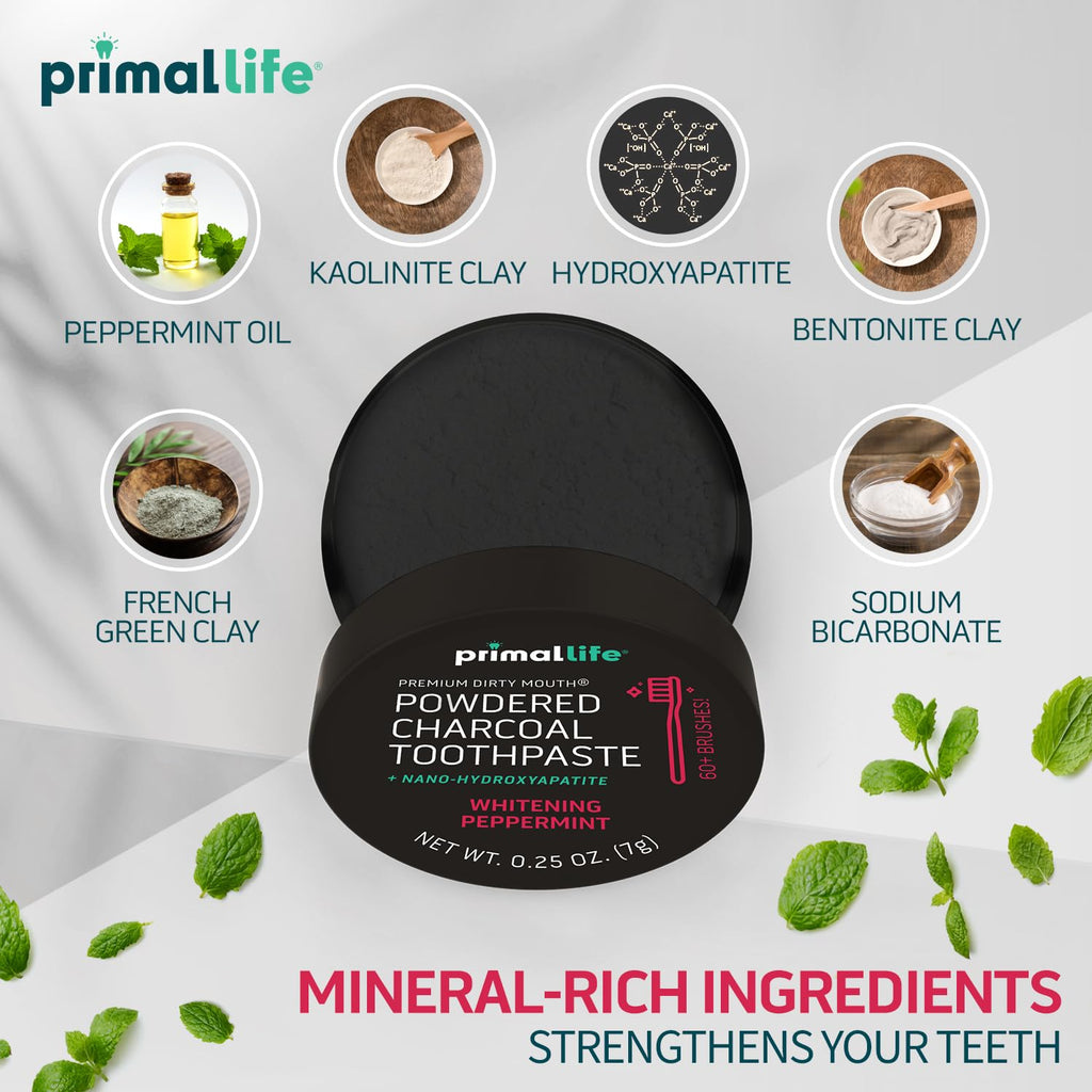 Primal Life Organics -Dirty Mouth Toothpowder, Activated Charcoal Tooth Cleaning Powder, Essential Oils, Hydroxyapatite, Kaolin, Bentonite Clay, 60+ Brushings, Organic, Vegan Black Peppermint 0.25oz