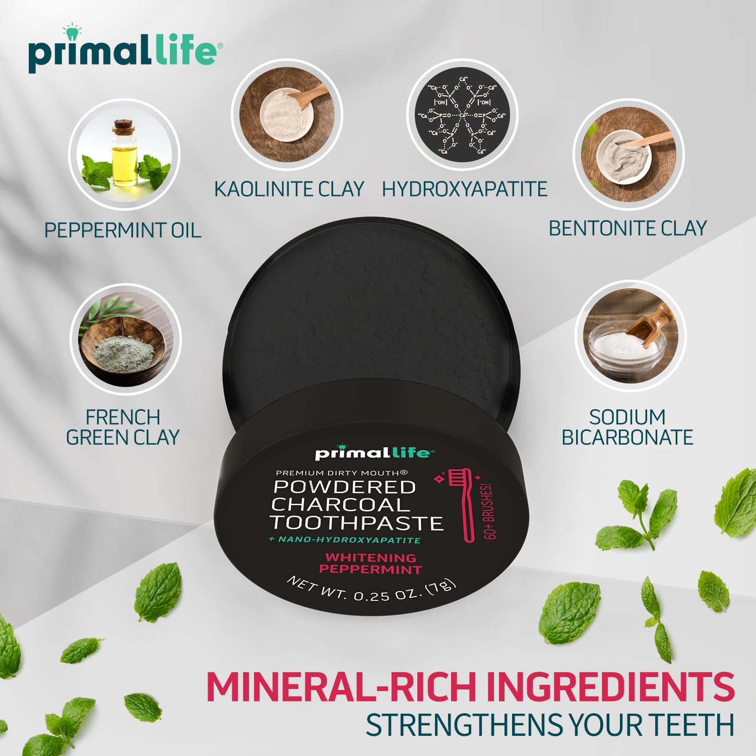 Primal Life Organics -Dirty Mouth Toothpowder, Activated Charcoal Tooth Cleaning Powder, Essential Oils, Hydroxyapatite, Kaolin, Bentonite Clay, 60+ Brushings, Organic, Vegan Black Peppermint 0.25oz
