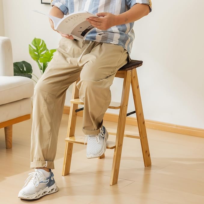 Latifolia Foldable 3 Step Ladder, Bamboo Step Stool with Floor Saver, Decorative Ladder Shelf for Living Room, Kitchen, Garden(Nature)