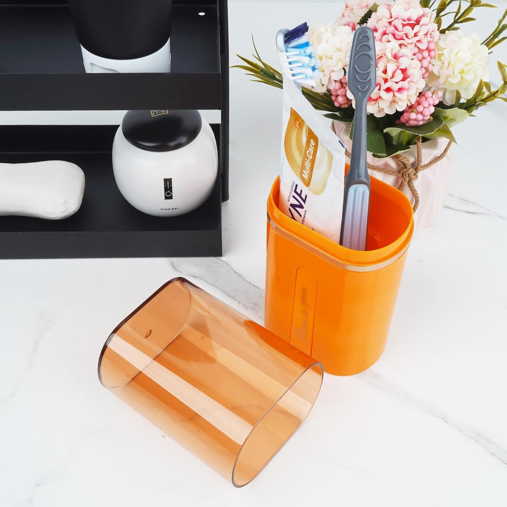 Toothbrush Travel Case, Portable Toothbrush Toothpaste Container with Mouthwash Cup, Wall Mounted Toobrushbrush Holder for Bathroom, Camping, Gym (Orange)