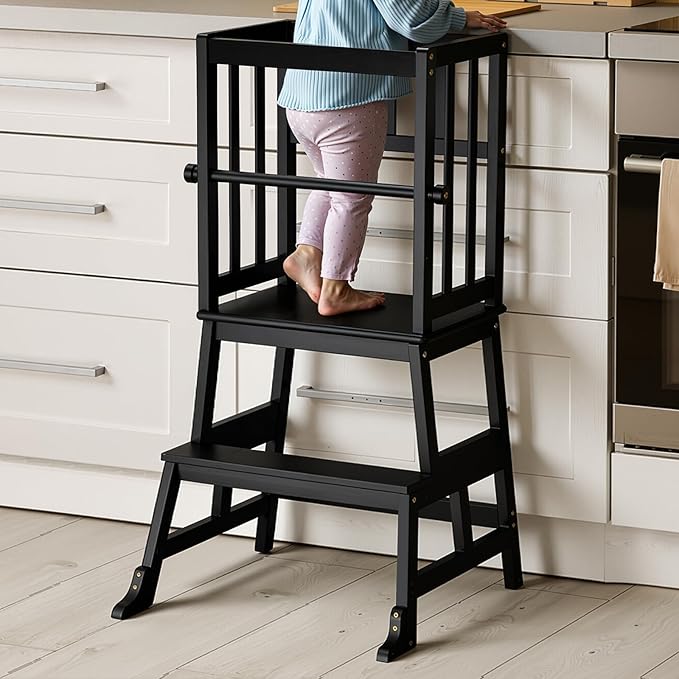 COSYLAND Kids Kitchen Step Stool Helper Baby and Toddler Multi-Function Step up Nursery Helper Stand with Safety Rail in Natural Bamboo, Strong and Lightweight 1.5-3 Years (Black)