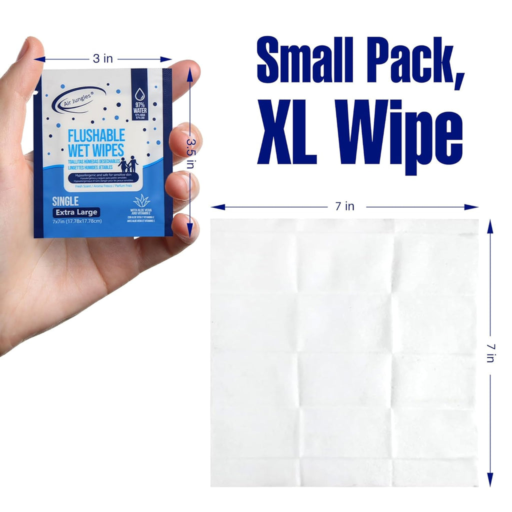 Air Jungles Flushable Wipes Individually Wrapped 50 Ct, with Aloe Vera & Vitamin E, Travel Size Wet Cleansing Wipes for Adult, Fresh Scent, Alcohol Free - XL 7 × 7 in