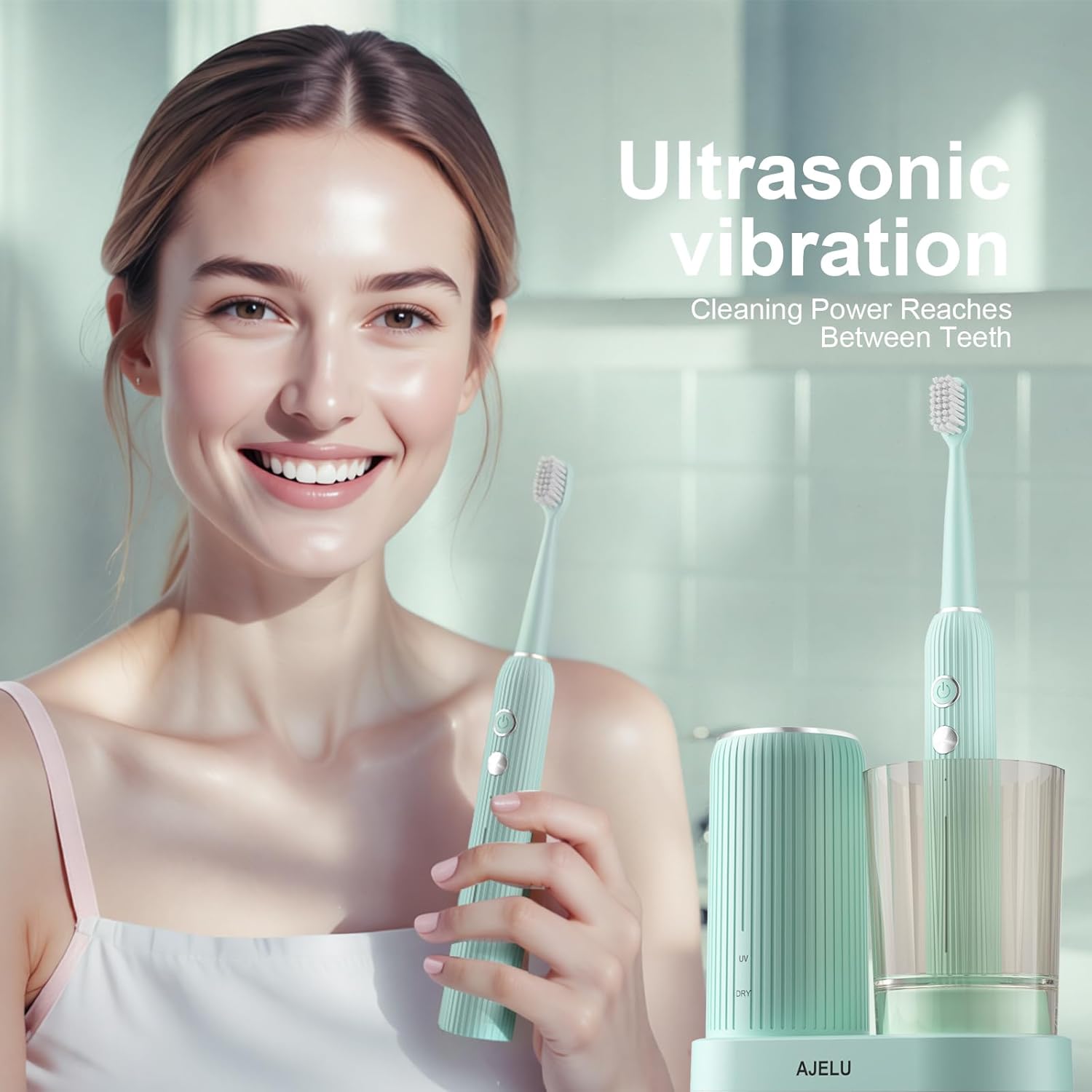 Rechargeable Sonic Toothbrush with Drying Holder, 8 Brush Heads, Smart Timer, Waterproof Design – Mint Green Edition