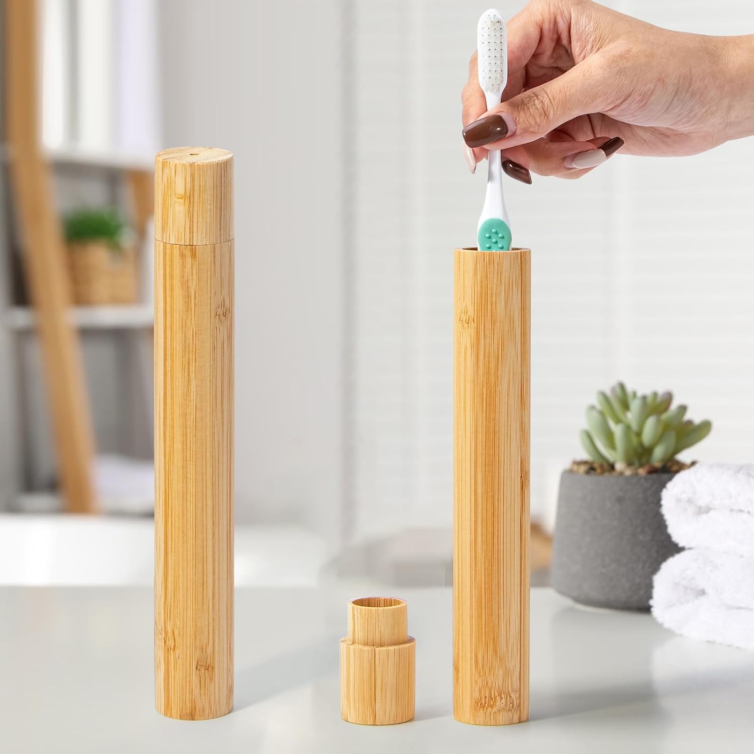 Yeeco 2 Pcs Portable Bamboo Toothbrush Case, Wooden Toothbrush Covers Storage Container Reusable Toothbrush Travel Holder Sustainable for Trip Camping Home Travelling Attach 4 Pcs Sticky Label