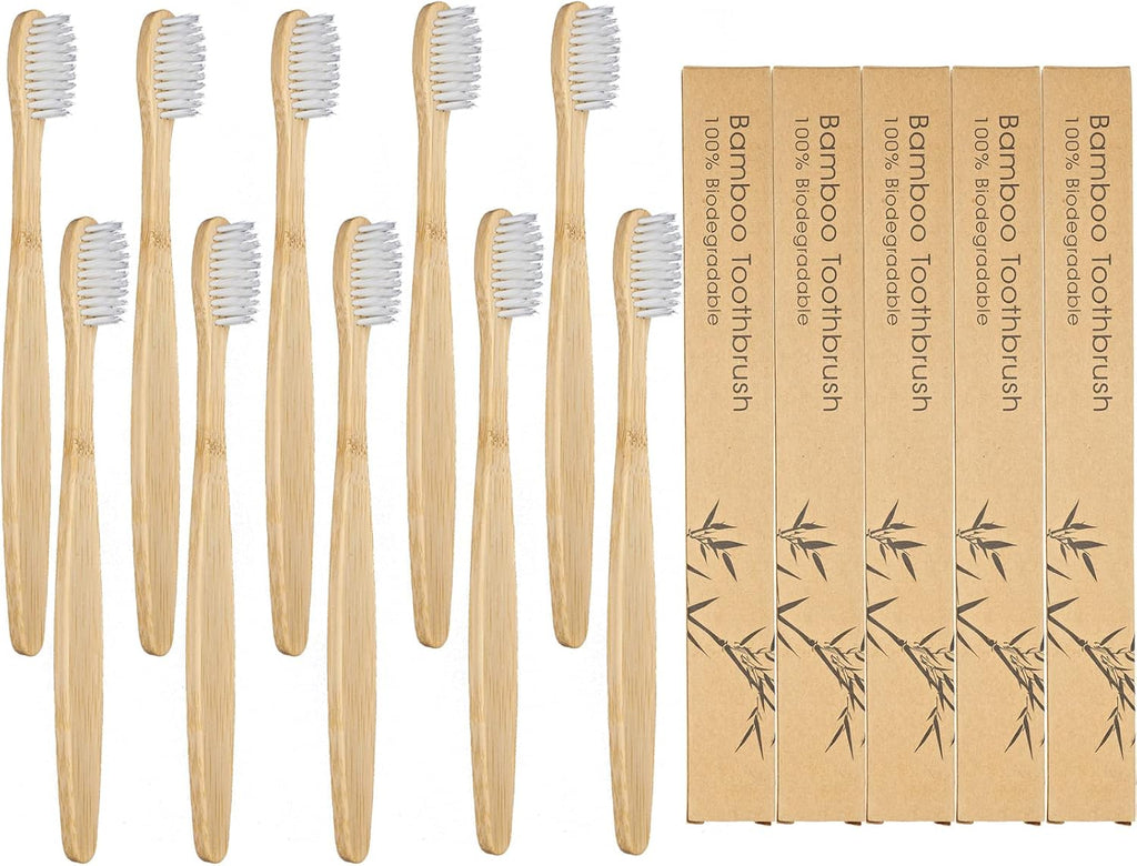 SEVENHEAD 10 PCS Bamboo Toothbrushes Soft Bristles Wooden Toothbrushes for Adult, Natural Biodegradable BPA Free Eco Friendly Toothbrushes White